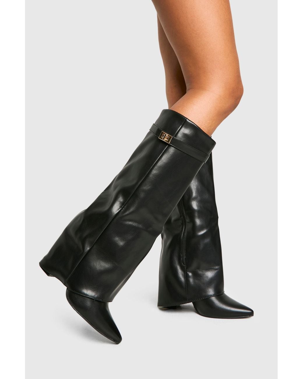 Boohoo Black Buckle Detail Fold Over Block Heel Knee High Boots