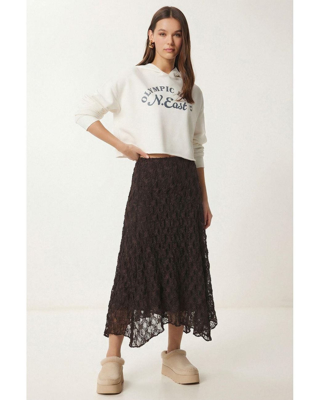 Happiness İstanbul White High Waist Lace Midi Skirt