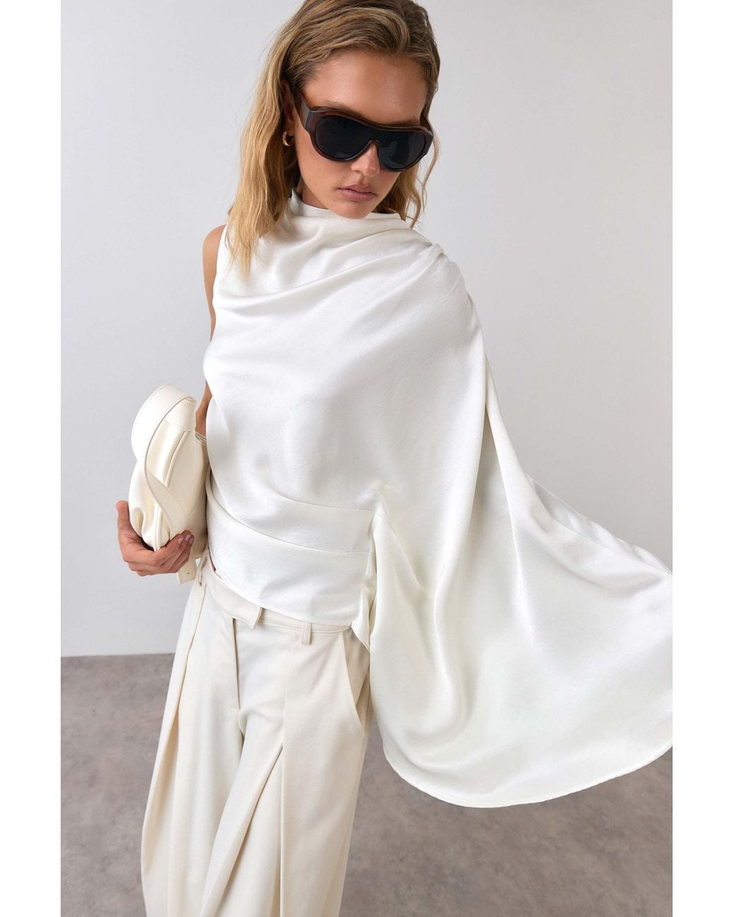 Warehouse White Premium Draped Satin Cape Top