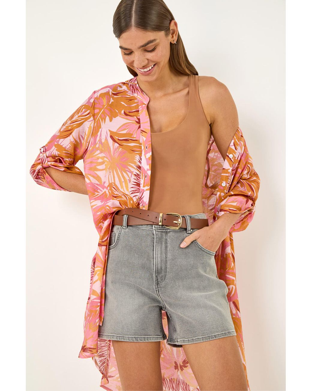 Roman Pink Abstract Print Longline Blouse