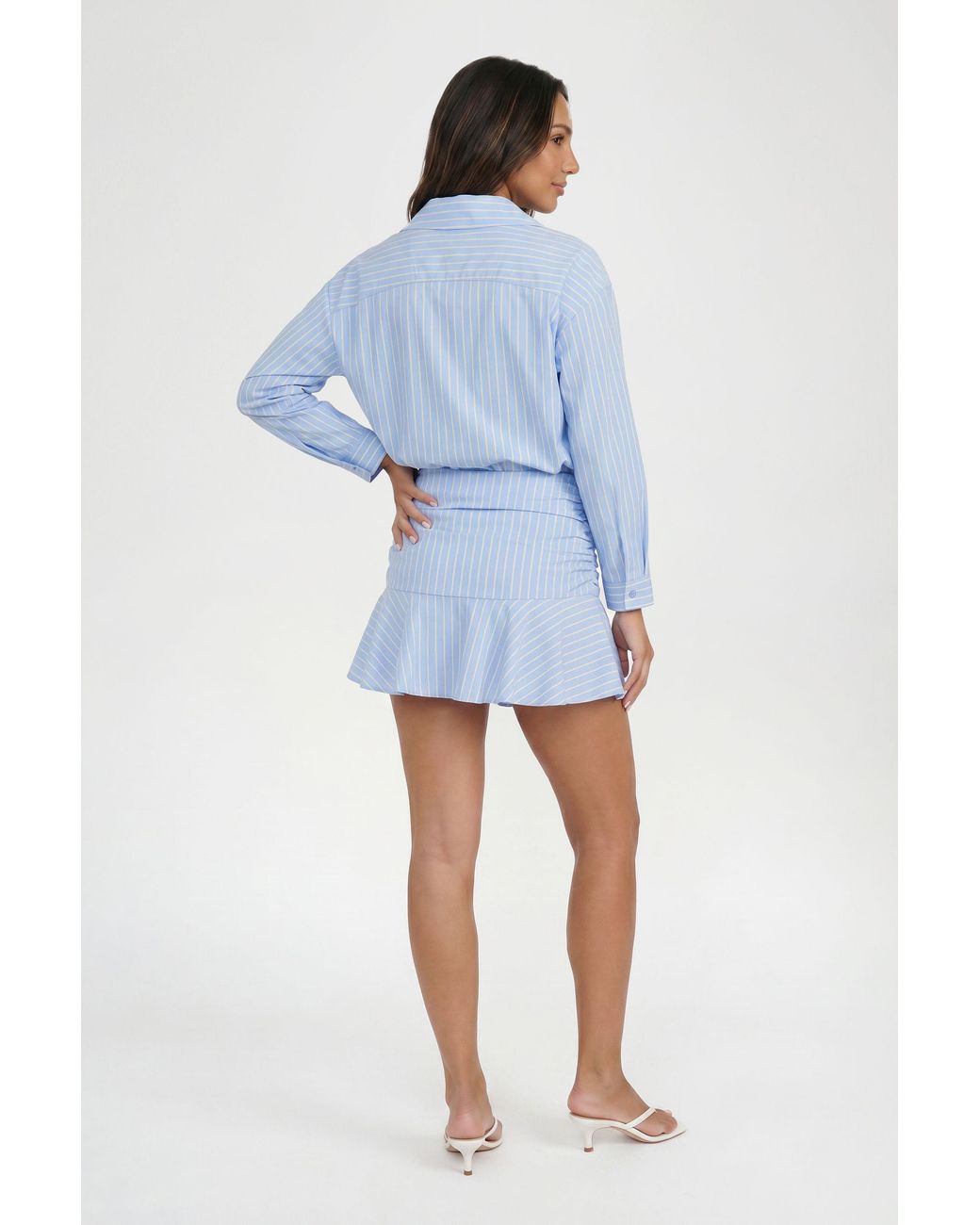 Boohoo Blue Petite Ruched Ruffle Hem Stripe Mini Skirt