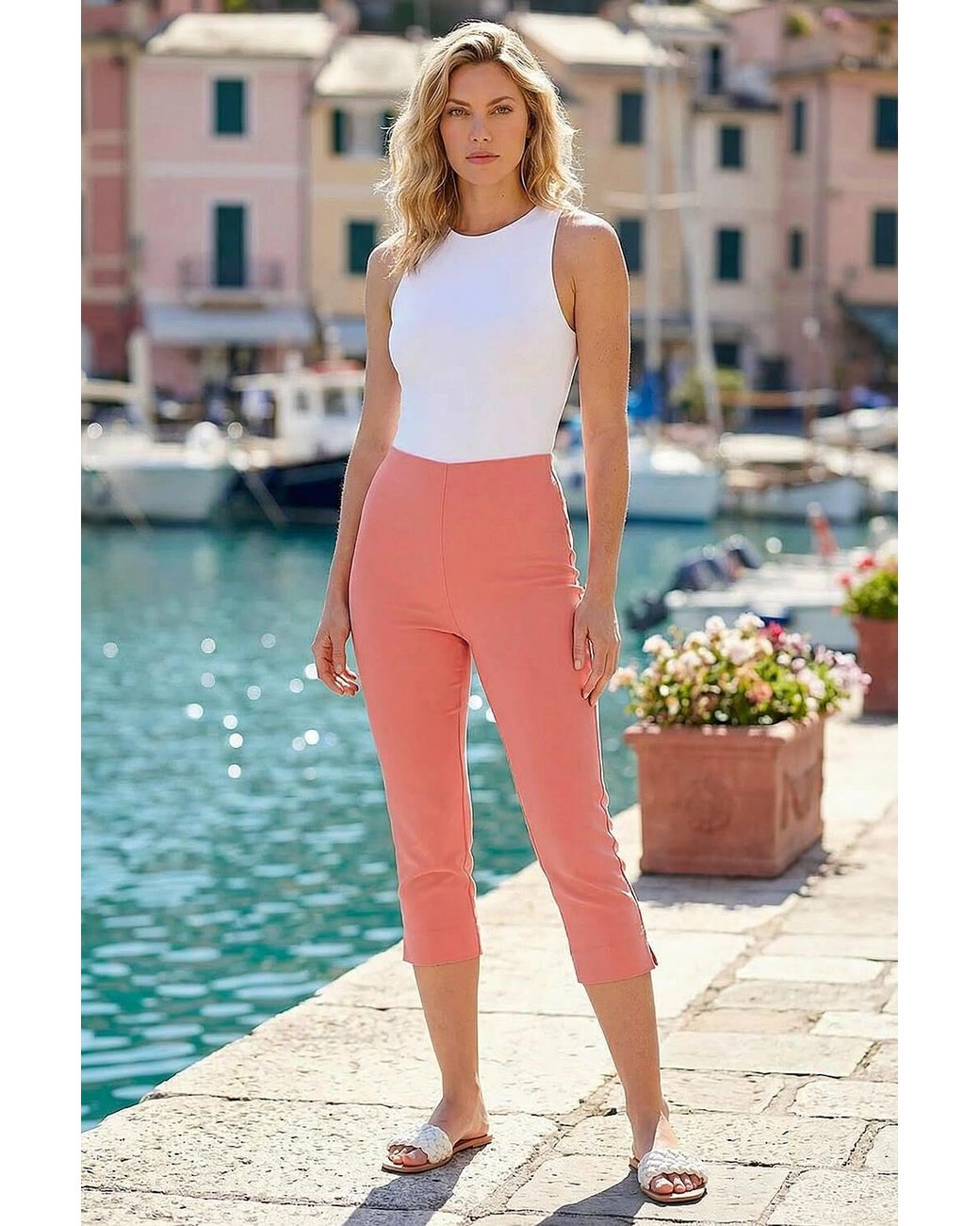 Roman Red Gingham Elastic Waist Stretch Cropped Trouser