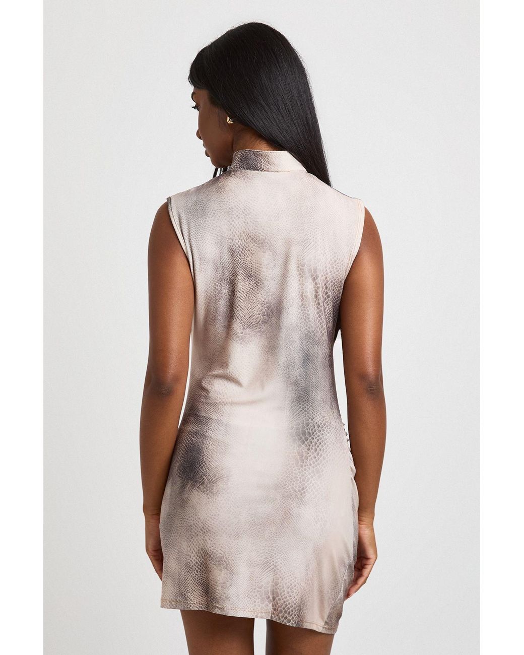 Boohoo Natural Printed High Neck Button Detail Ruched Mini Dress