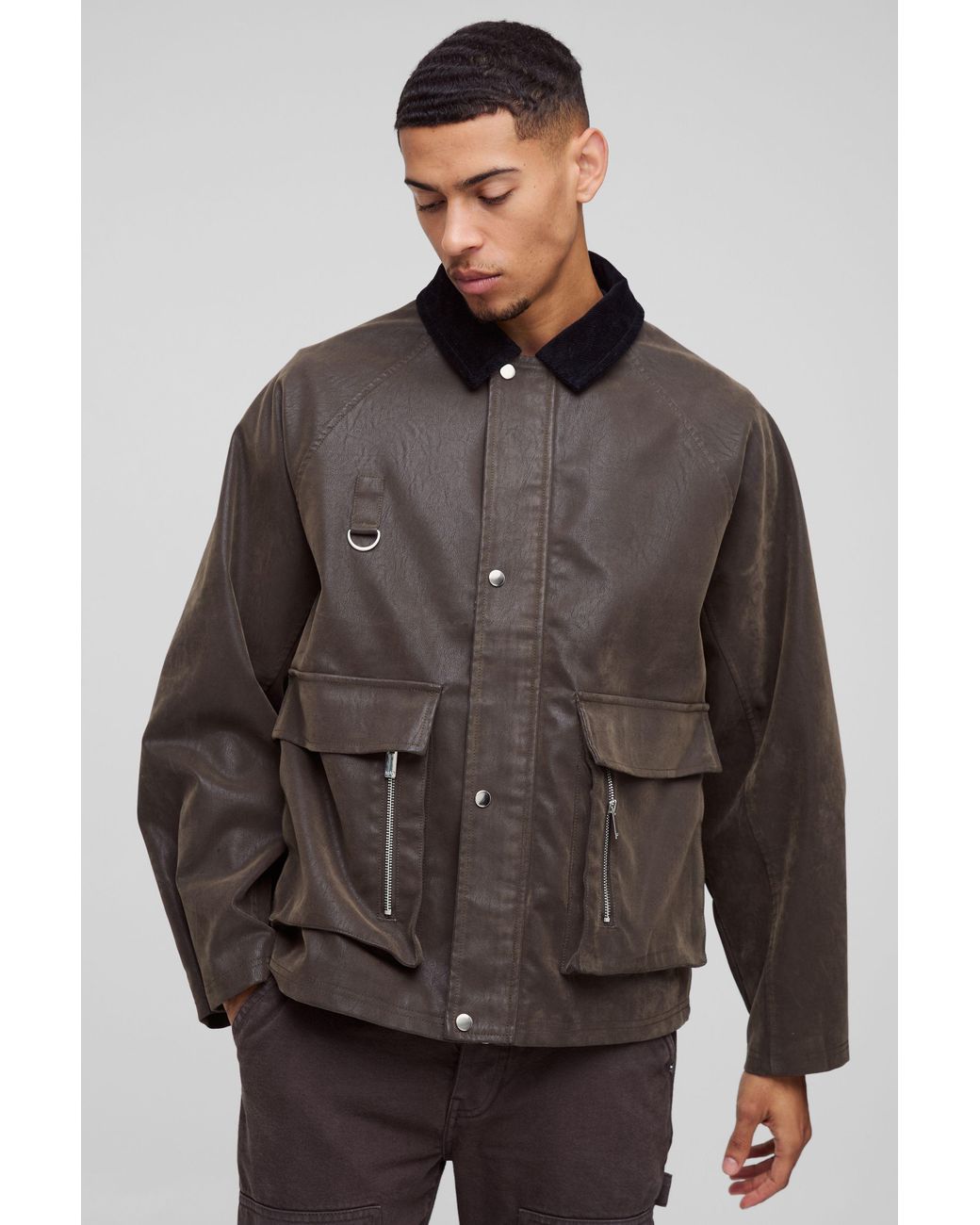 BoohooMAN Gray Oversized Boxy Peached Pu Contrast Collar Worker Jacket for men