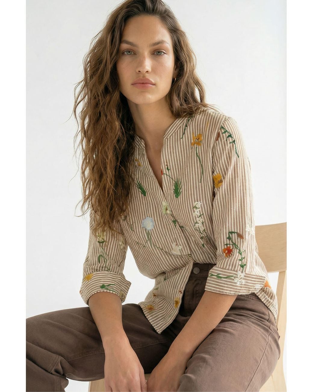 Roman Brown Floral Stripe Pleated Top