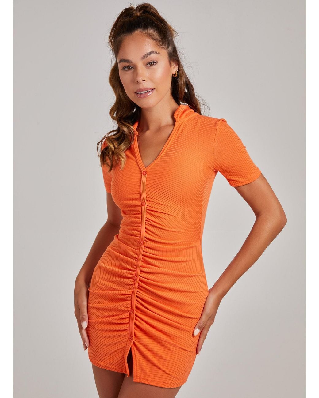 Pink Vanilla Orange Short Sleeve Button Up Ribbed Mini Dress