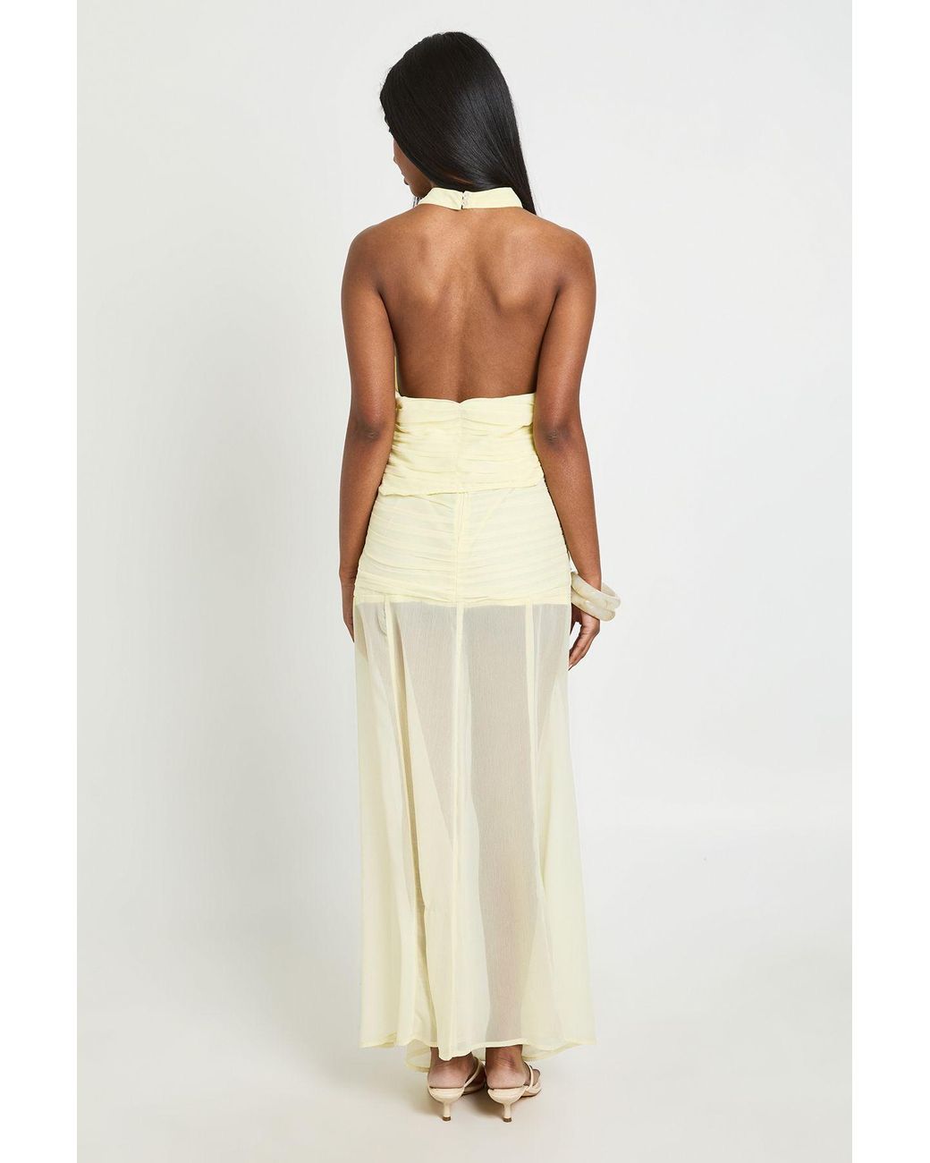 Boohoo Natural Chiffon Ruched Halterneck Top And Maxi Skirt Co-Ord