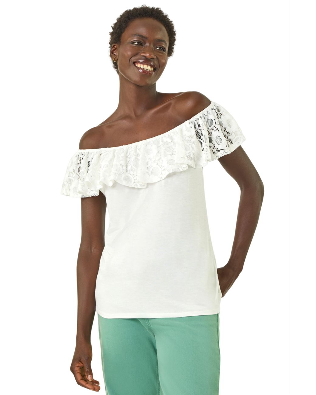 Roman Green Lace Trim Bardot Top