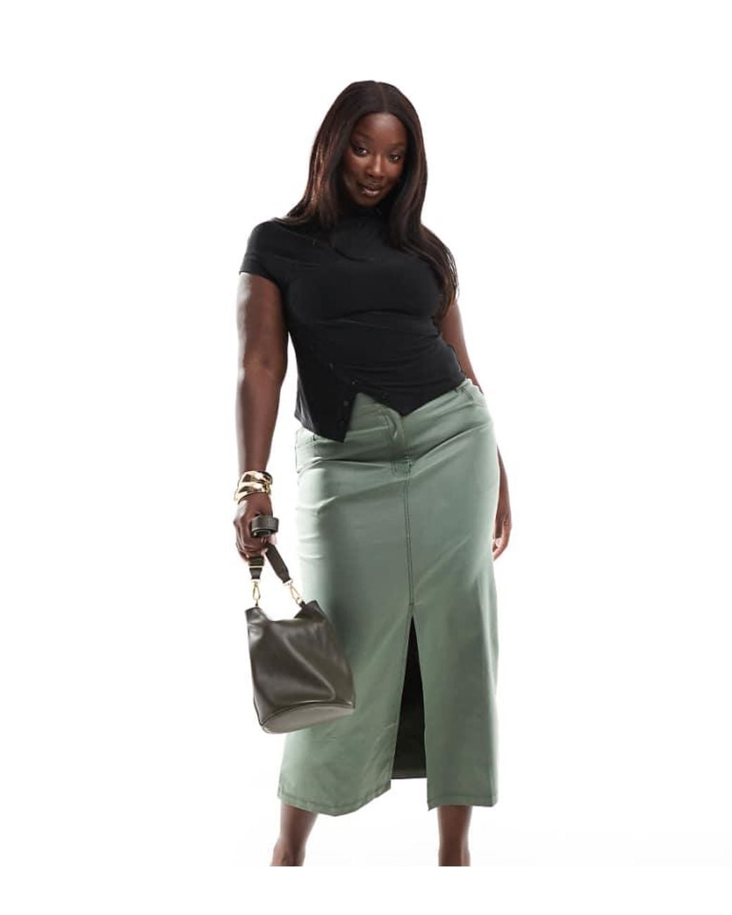 Yours Green Pu Midaxi Skirt With Front Split