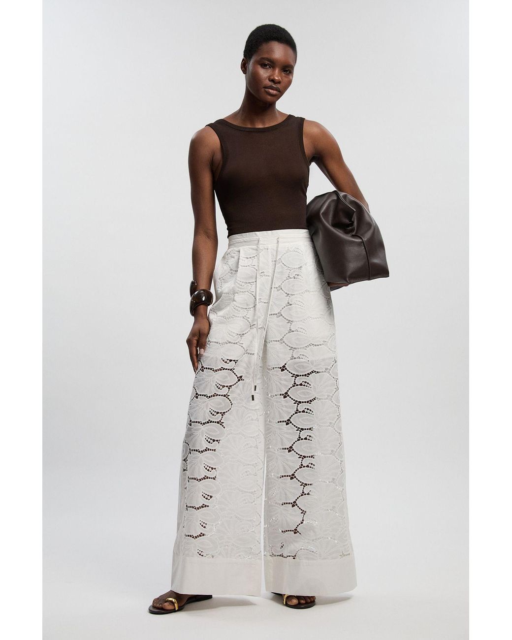 Karen Millen White Cotton Cutwork Panelled Woven Wide Leg Trouser