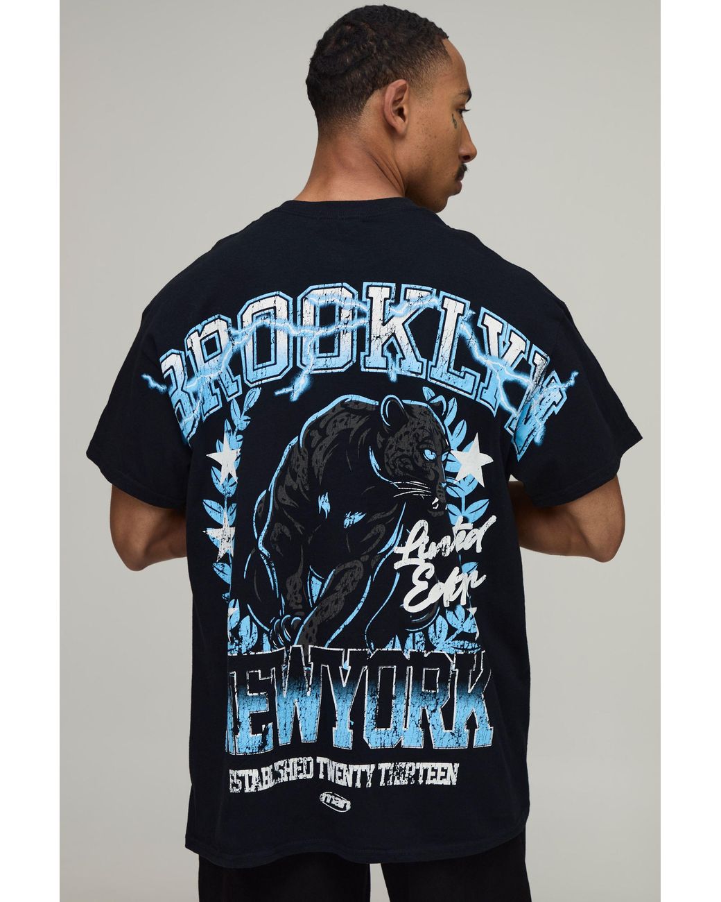 BoohooMAN Blue Oversized Brooklyn Over The Seams Print T-Shirt Cotton for men