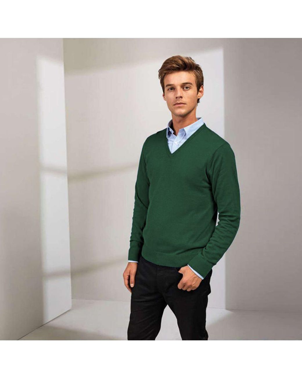 PREMIER Green V-Neck Knitted Sweater (Bottle) for men