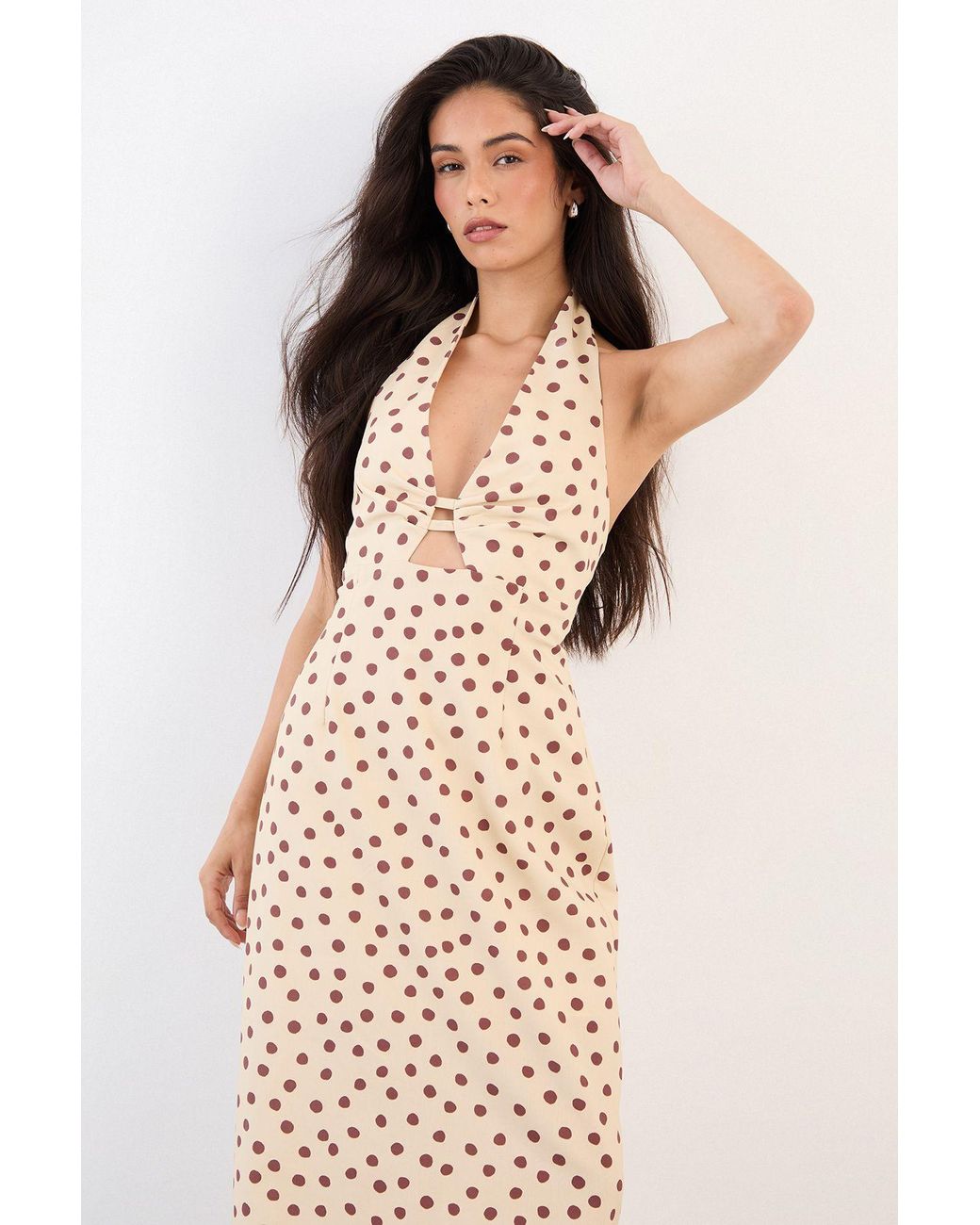 Warehouse Natural Polkadot Halterneck Midi Dress