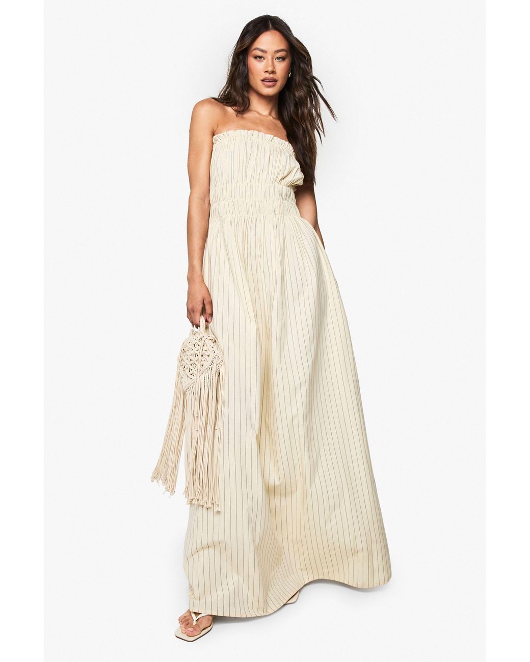 Boohoo Natural Tall Linen Look Stripe Shirred Maxi Dress