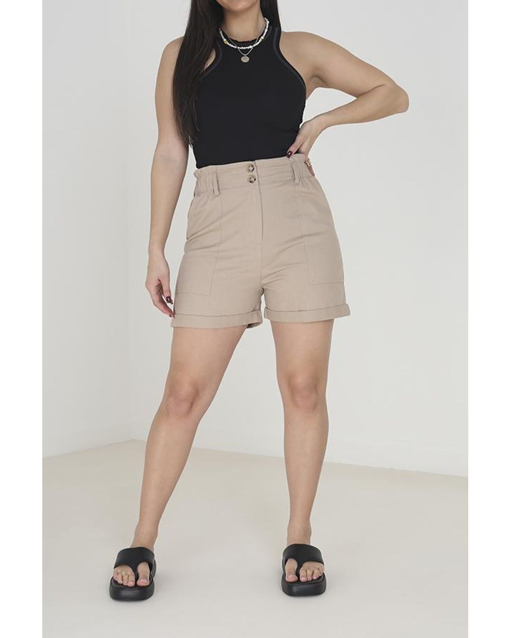 Brave Soul White 'Neave' High Waisted Paperbag Shorts Cotton