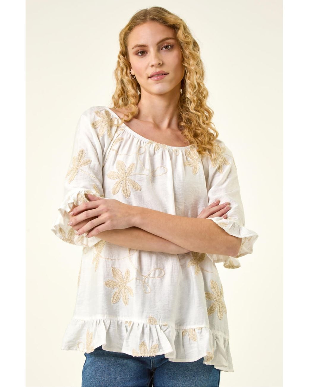 Roman White Floral Emb Bardot