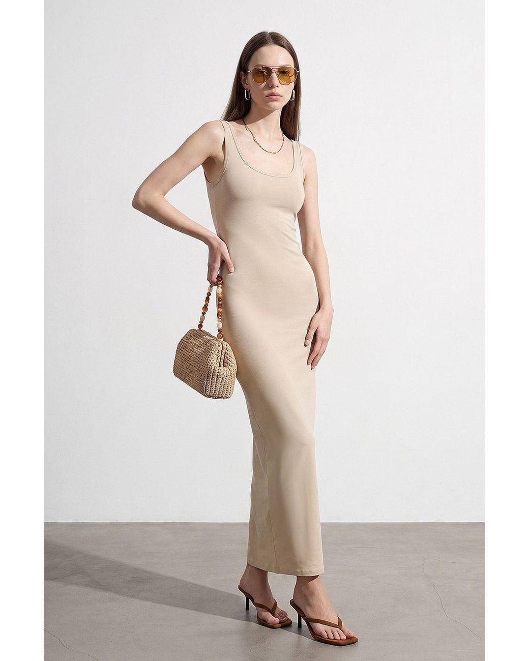 Dilvin Natural Sleeveless Bodycon Midi Dress