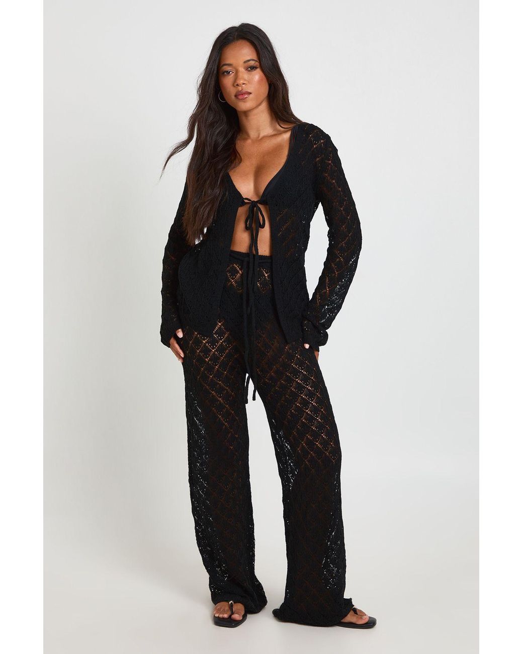 Boohoo Black Crochet Knit Tie Front Cardigan And Wide Leg Trouser Co-Ord