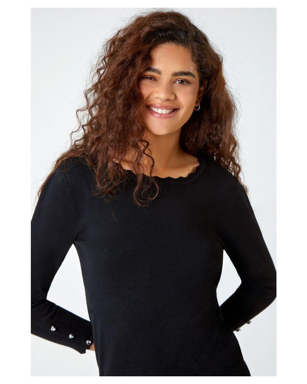 Roman Black Diamante Button Scallop Edge Jumper