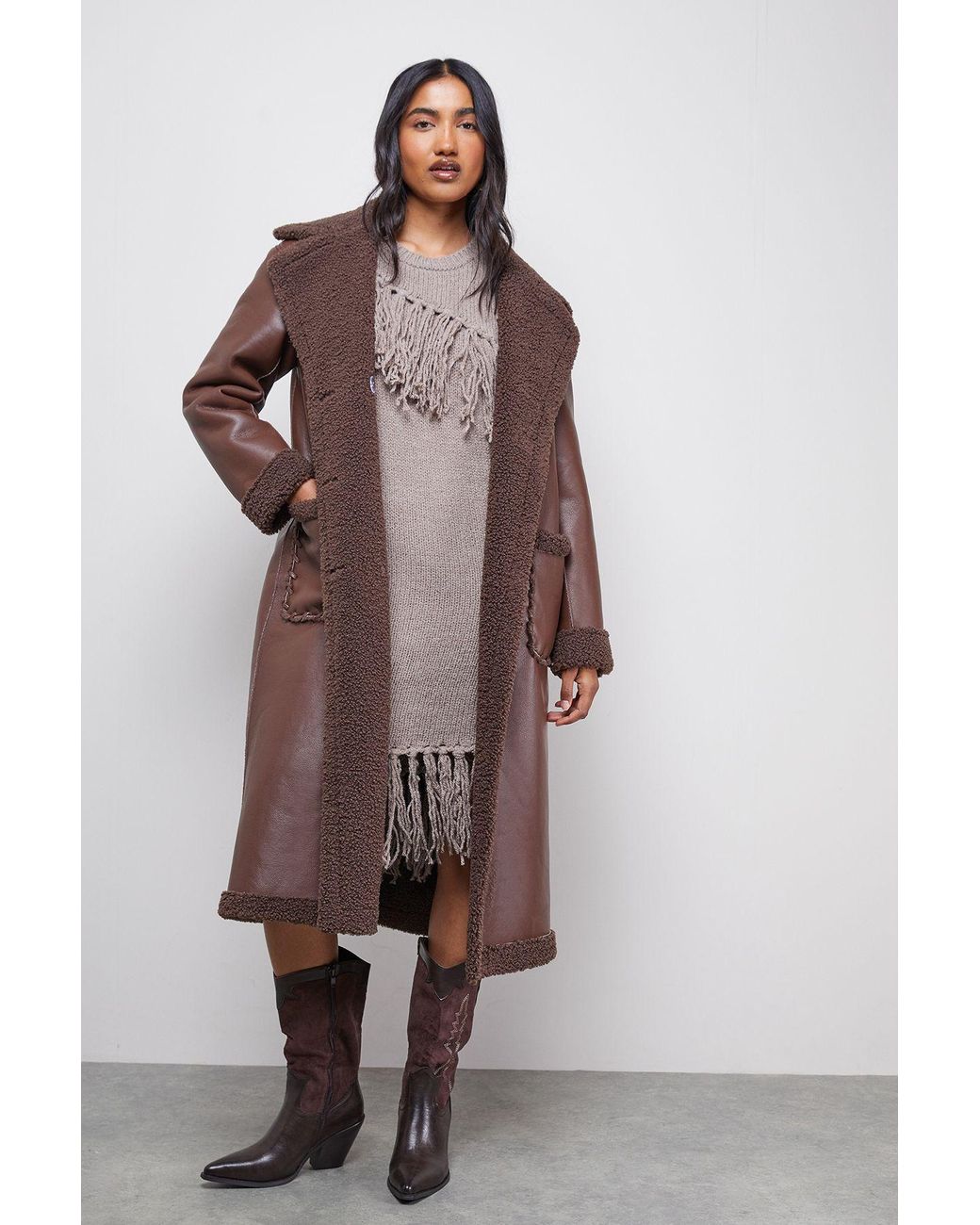 Warehouse Brown Fringe Column Mini Dress