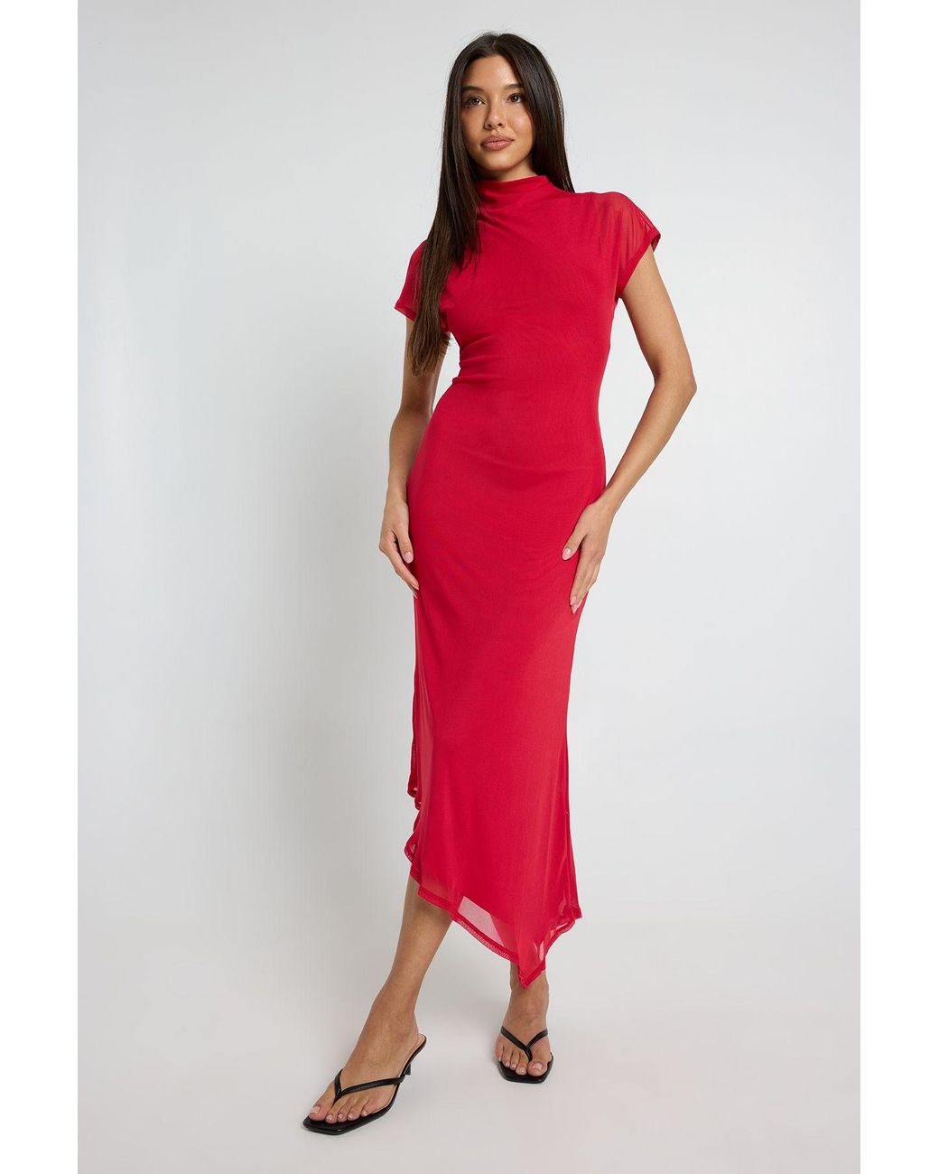 Boohoo Red Mesh Cap Sleeve Asym Hem Midaxi Dress