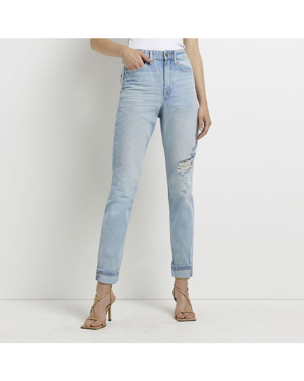 River Island Mom Jeans Blue Ripped High Waisted Cotton Lyst UK