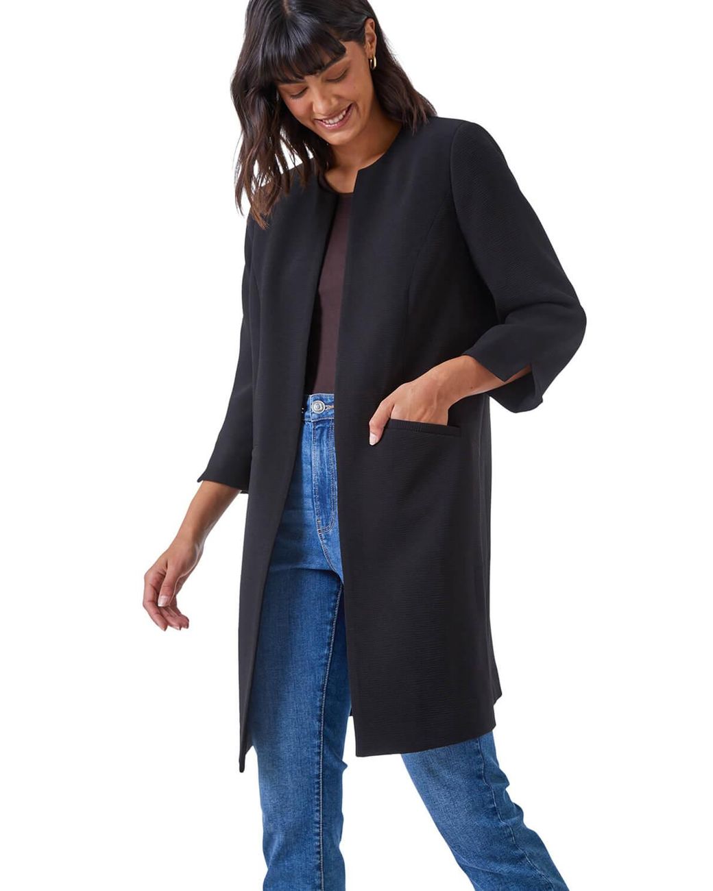 Roman Blue 3/4 Sleeve Textured Longline Smart Jacket
