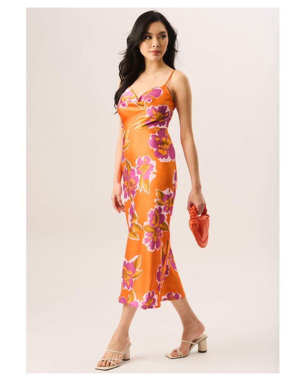 Gini London Orange Floral Print Cowl Neck Slip Midi Dress