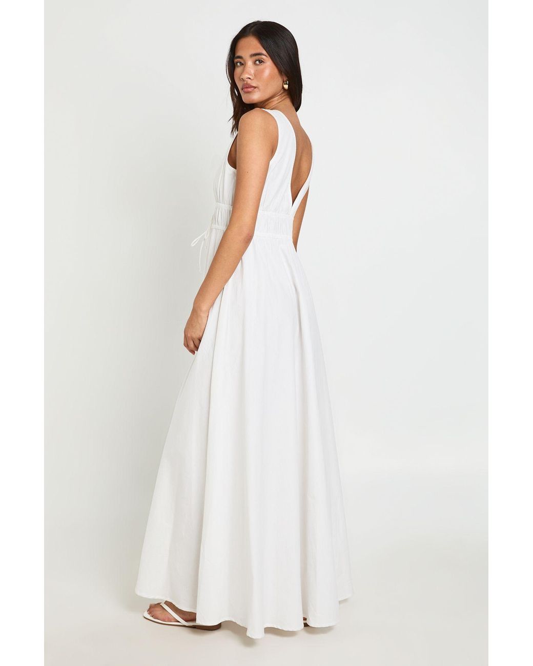 Boohoo White Deep V Front Tie Maxi Skater Dress