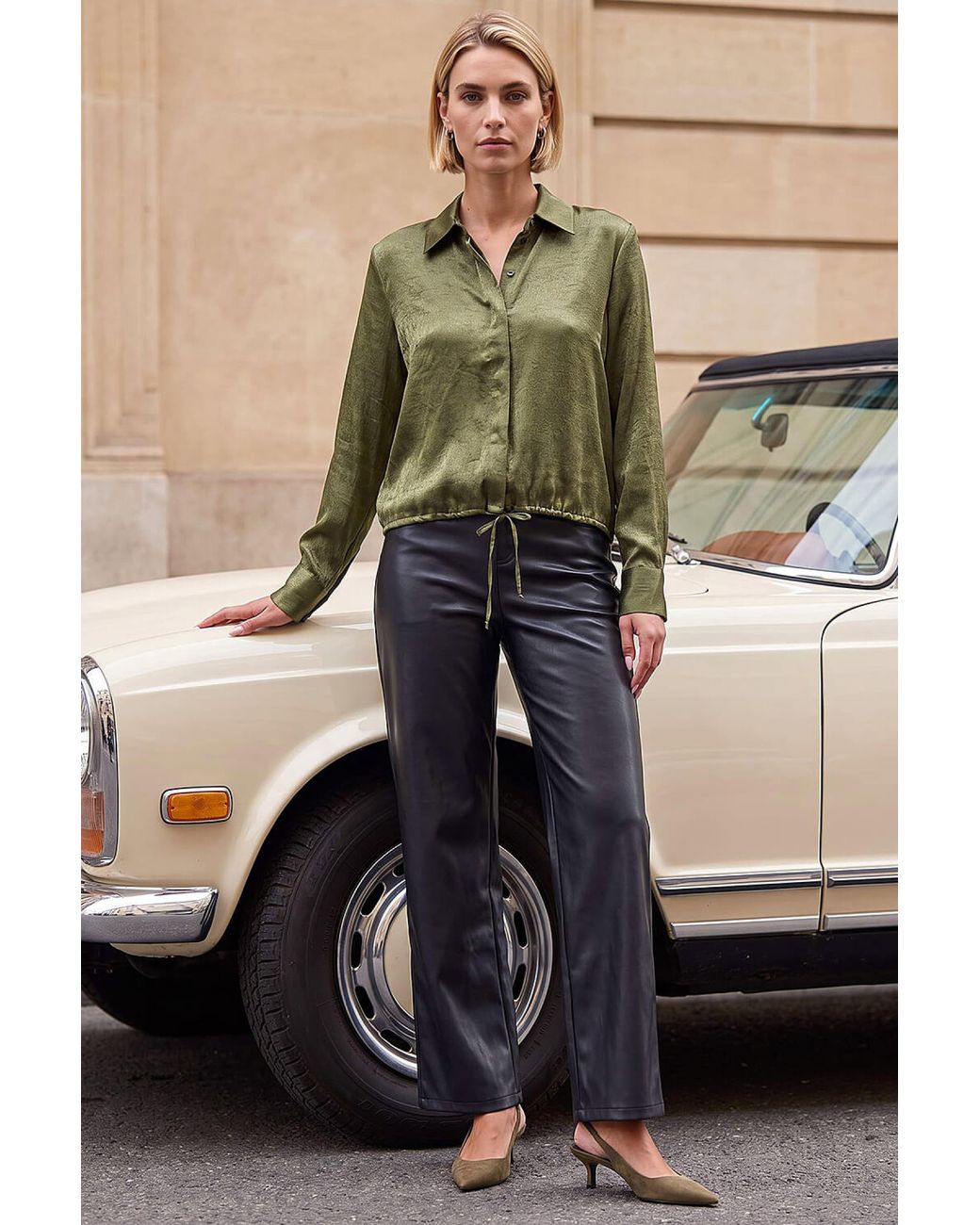 Roman Green Crinkle Satin Tie Hem Shirt
