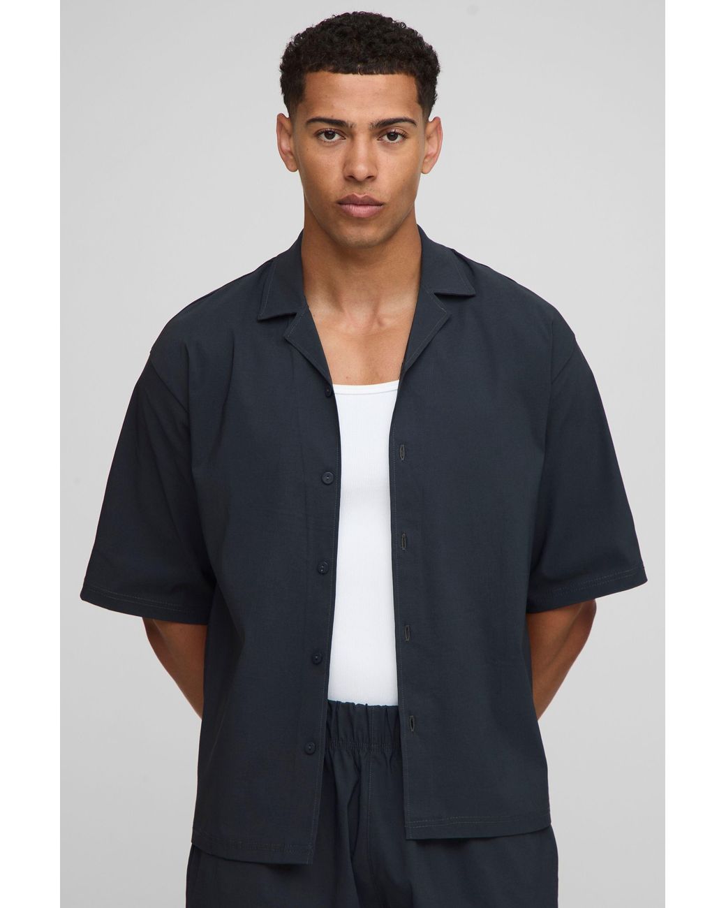 BoohooMAN Blue Oversized Revere Half Sleeve Bengaline Shirt for men