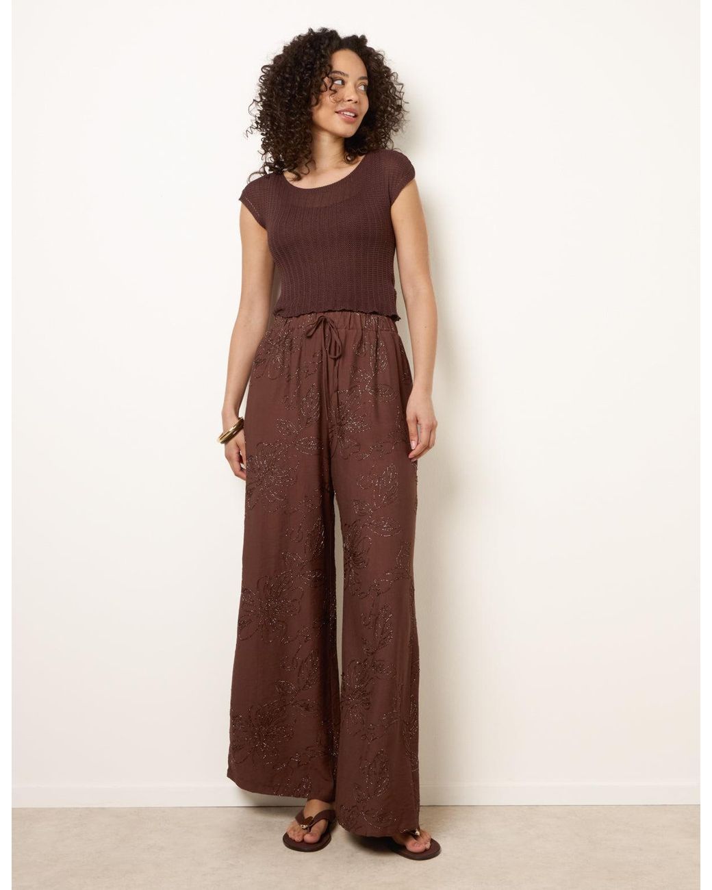 Blue Vanilla Brown Embroidered Pattern Wide-Leg Trousers