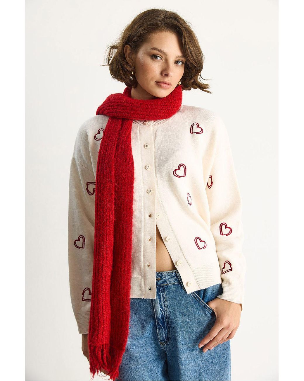 Bianco Lucci Red Long Knitted Cardigan With Button Collar