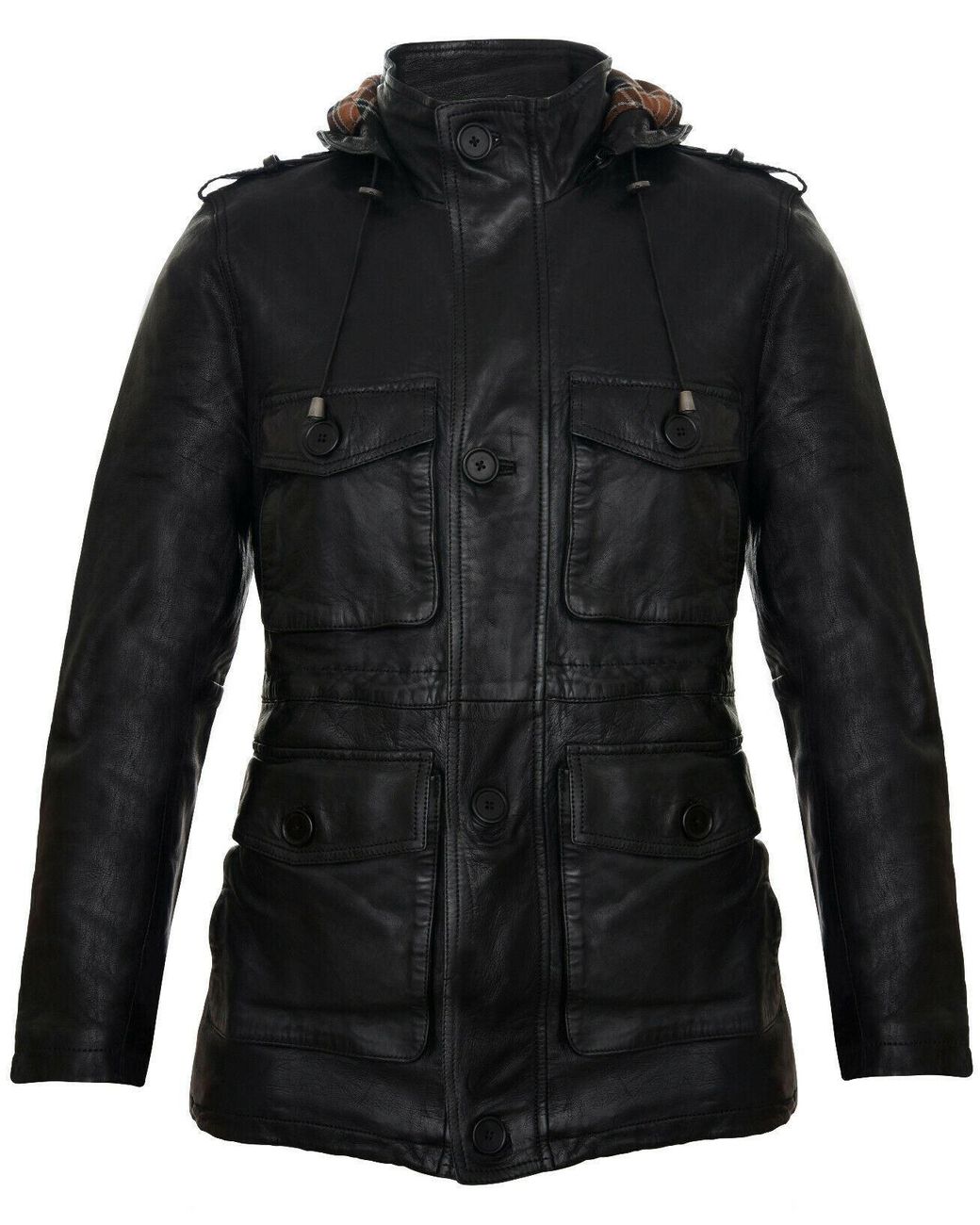 Infinity Leather Black Hooded Trench Multi-Pocket Overcoat Jacket for men