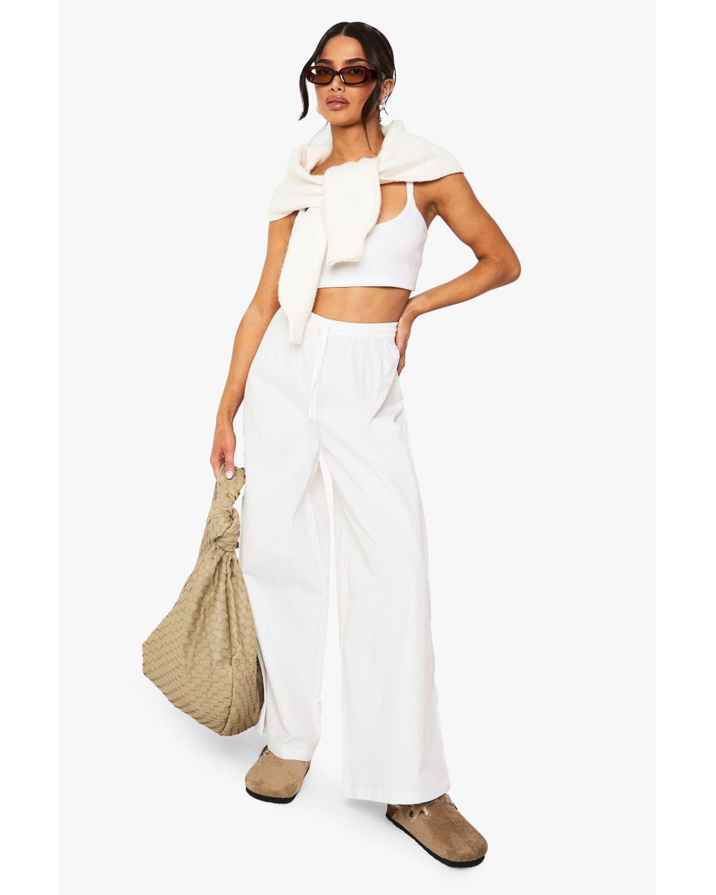 Boohoo White Petite Cotton Poplin Wide Leg Trouser