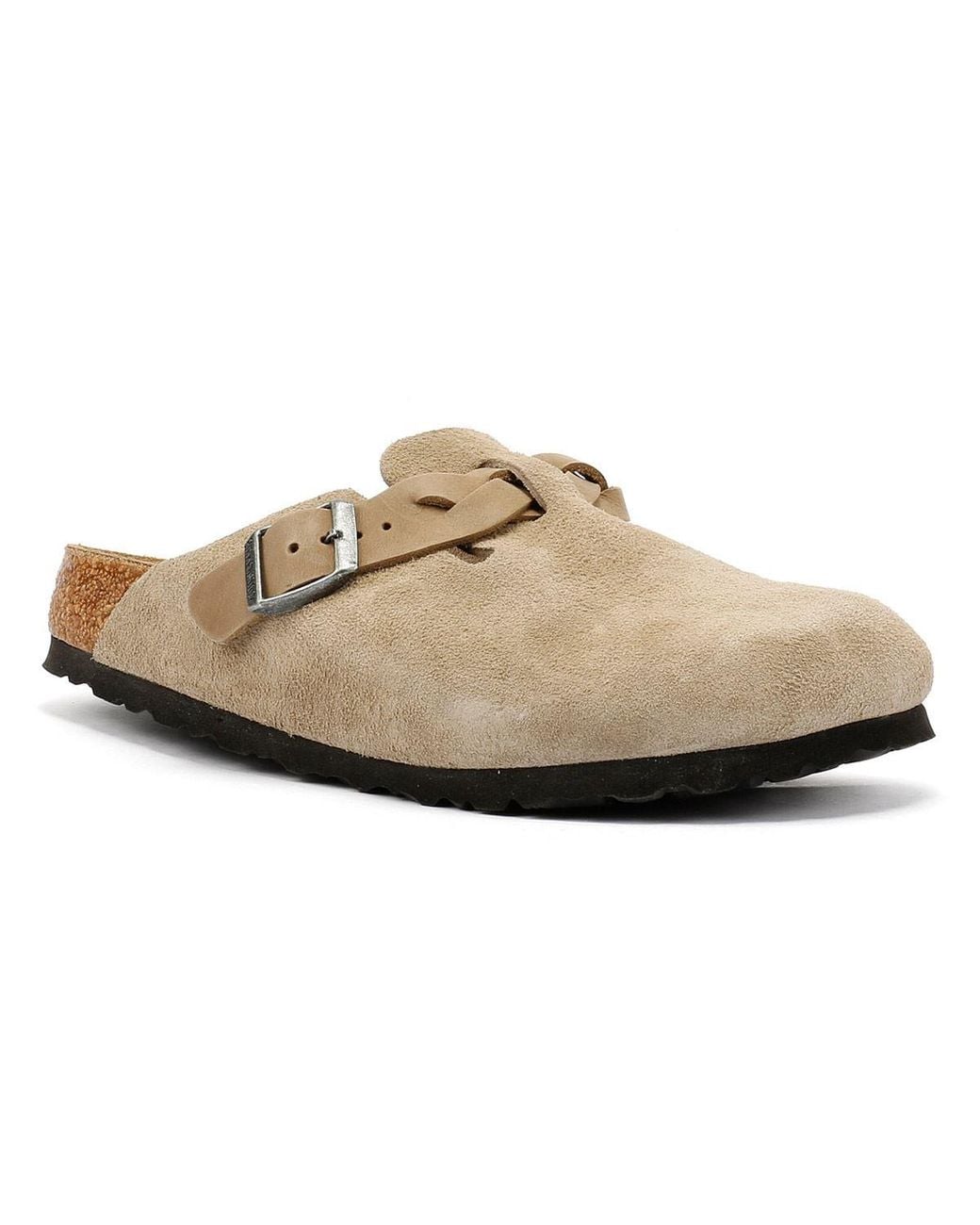 Birkenstock White Boston Braided Taupe Suede Narrow Fit Clogs