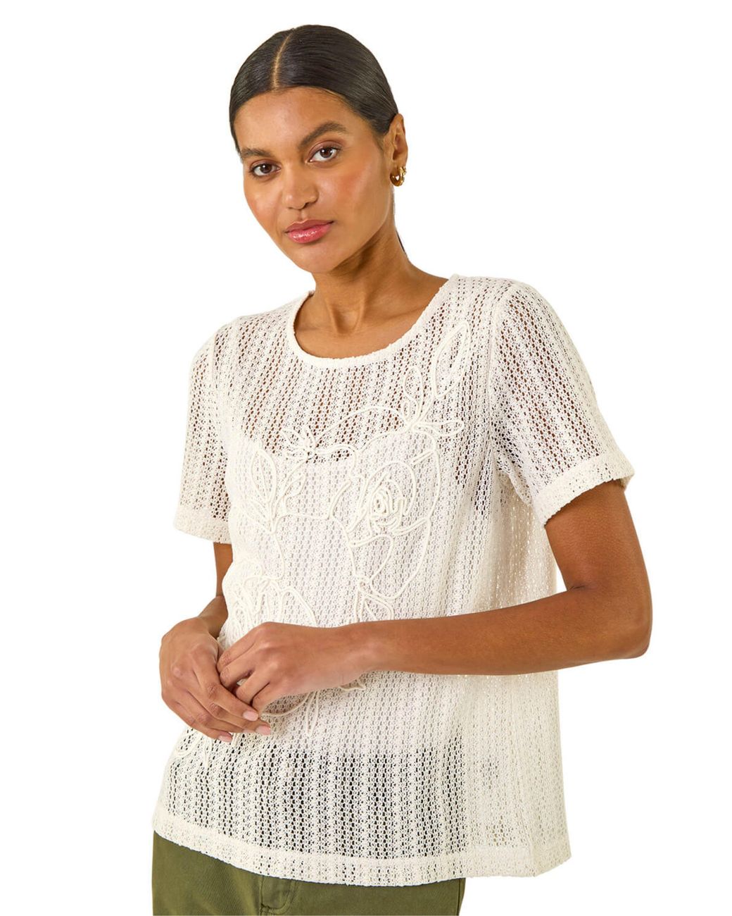 Roman White Textured Floral Line Stretch Top