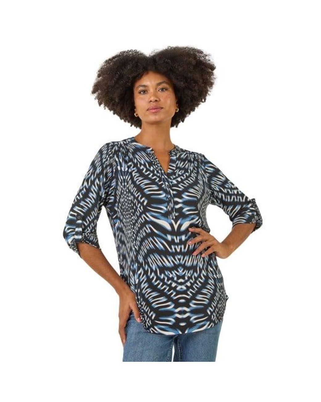 Roman Blue Abstract Puff Print Stretch Top