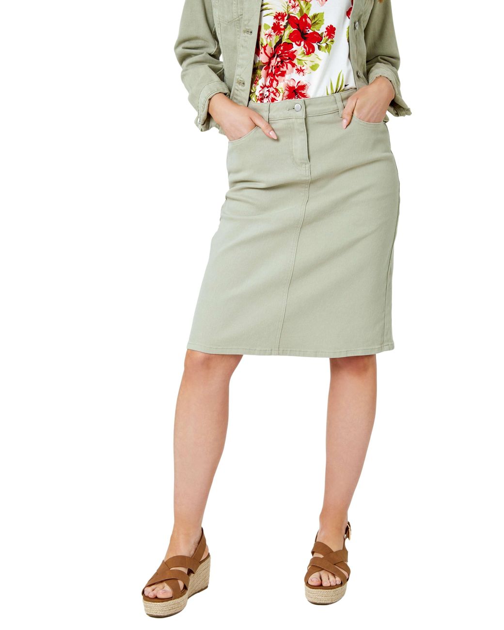 Roman Green Cotton Denim Stretch A Line Skirt