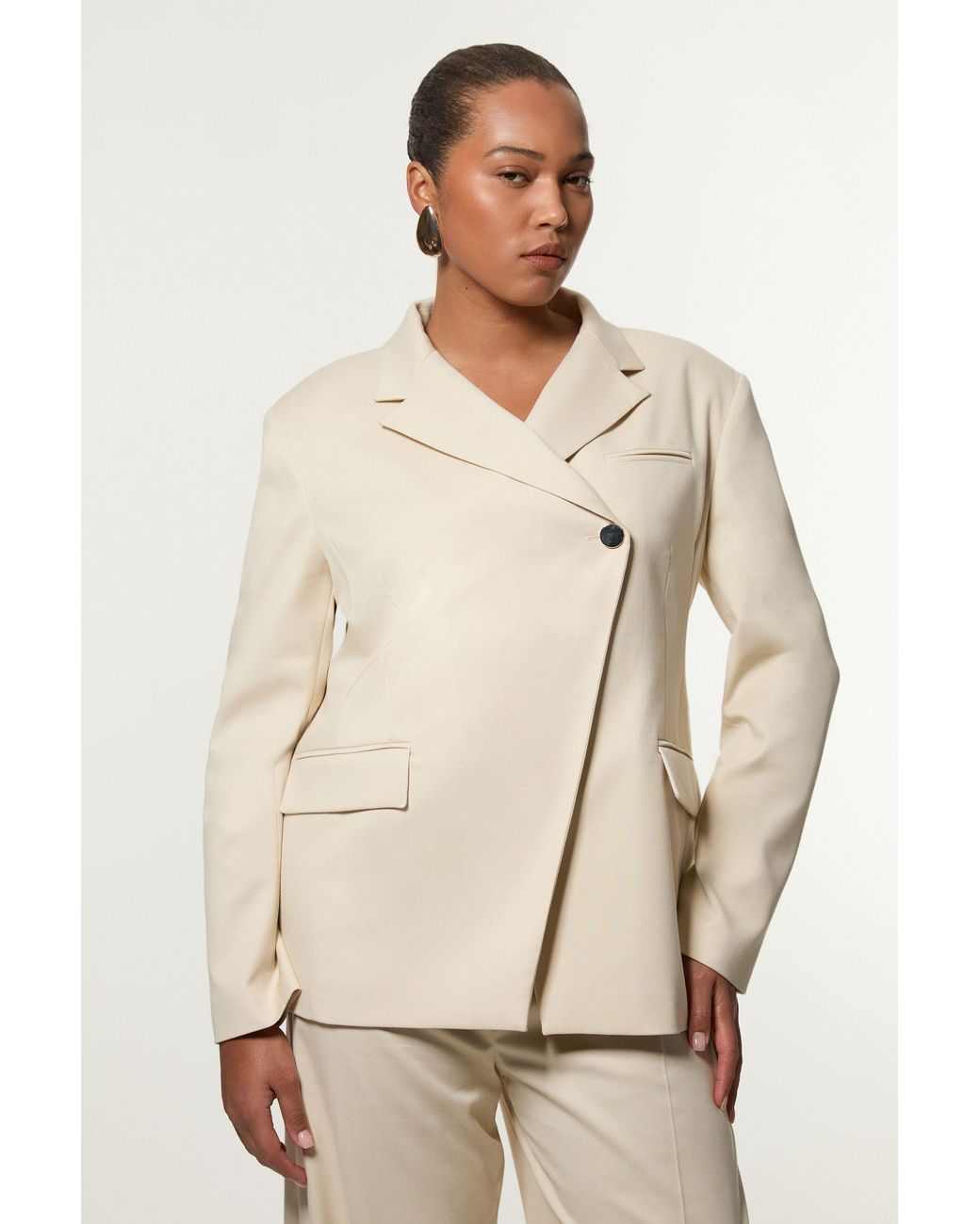 Karen Millen Natural Plus Size Soft Structured Asymmetric Tailored Single Breasted Blazer