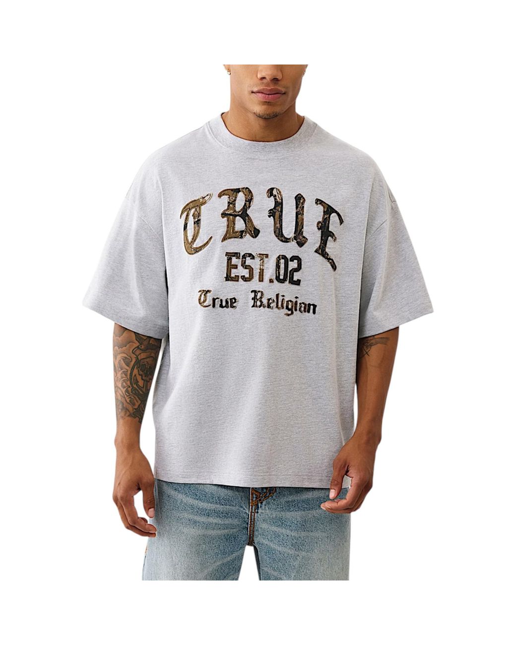 True Religion Gray Oversized T Shirts Drop Shoulder Tee for men