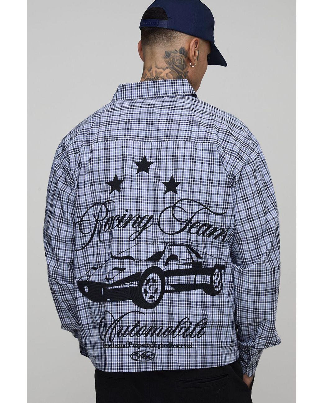 BoohooMAN Blue Tall Oversized Boxy Racing Embroidered Micro Check Shirt for men