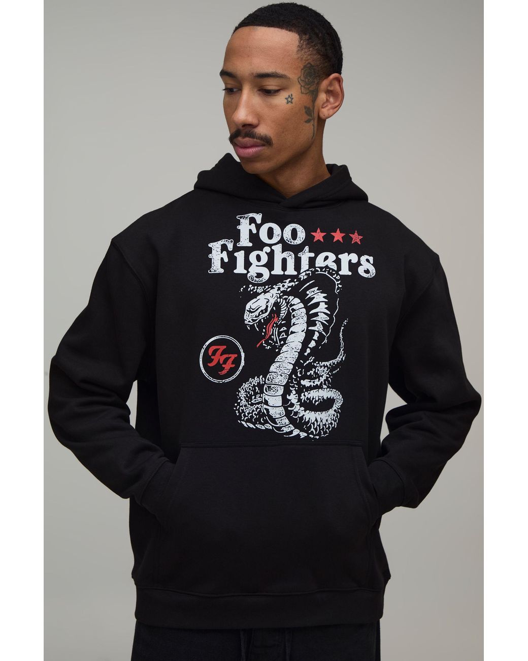 BoohooMAN Black Oversized Foo Fighters Snake License Print Hoodie for men