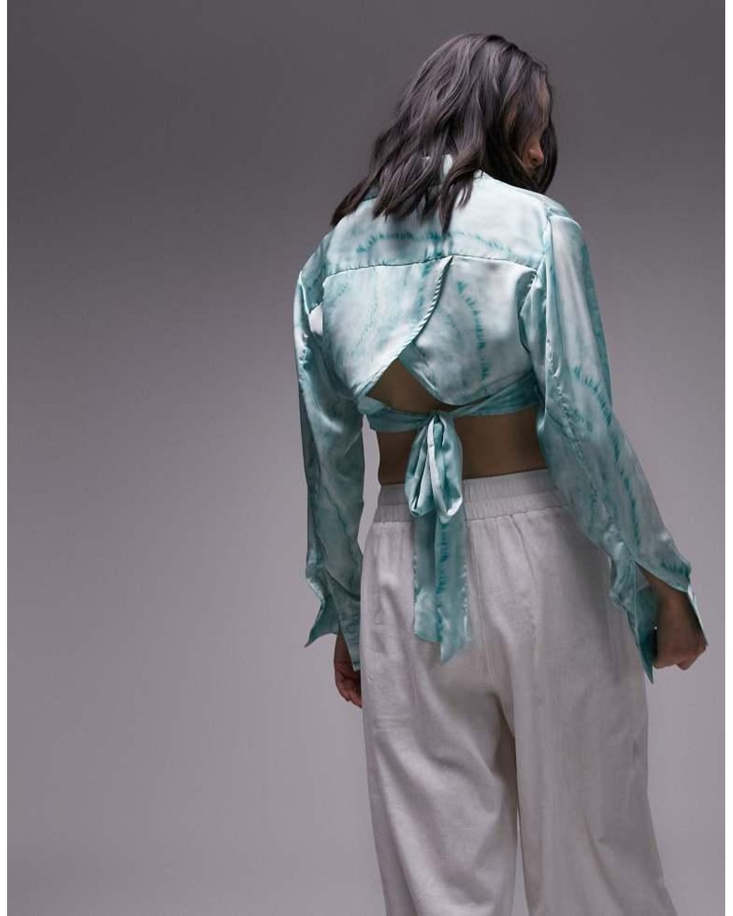 TOPSHOP Gray Tie Dye Twist Front Satin Blouse