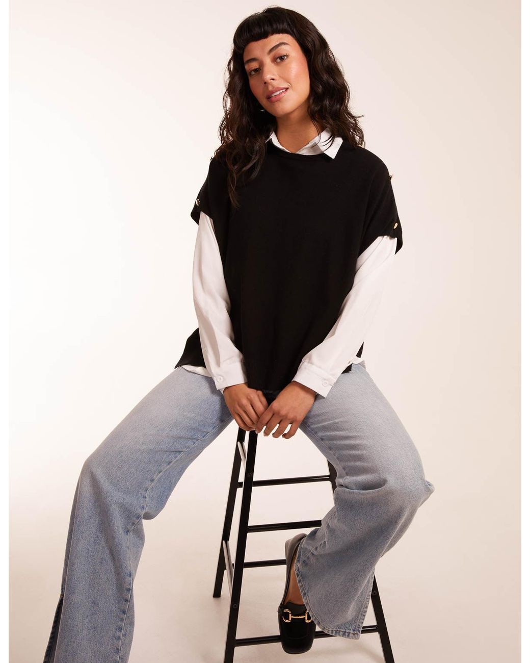Blue Vanilla Black Oversized Button Shoulder Top