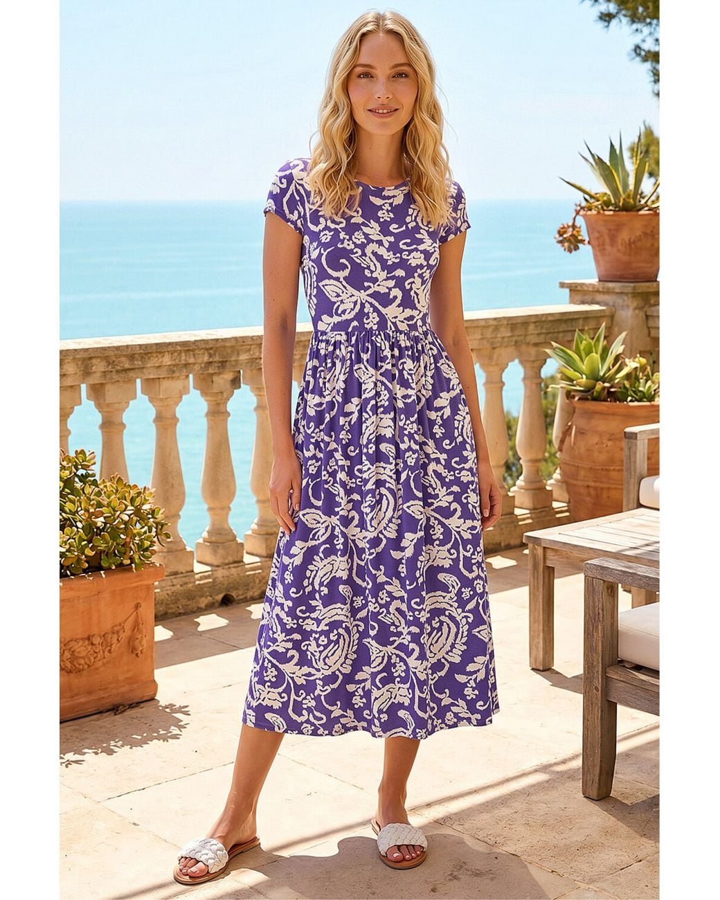 Roman Purple Abstract Print Pocket Midi Dress