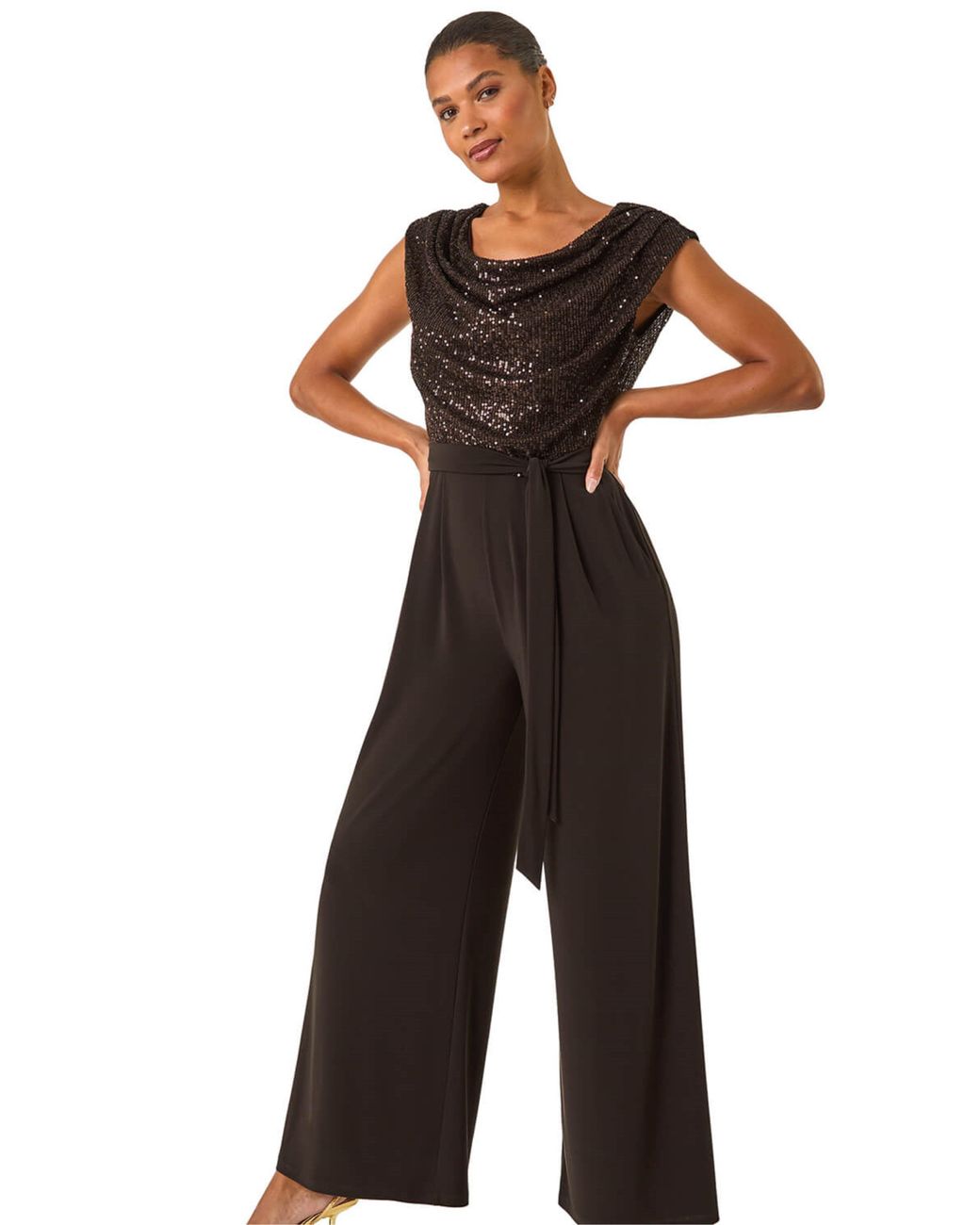 Roman Black Sequin Bodice Cowl Neck Jumpsuit