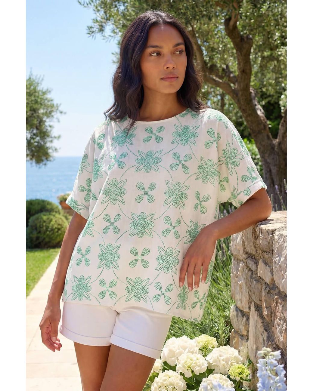 Roman Green Floral Textured Buttoned Back Top
