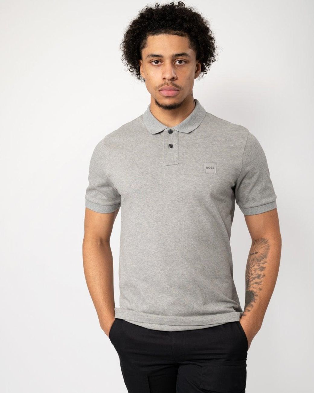 Boss Gray Passenger Stretch-Cotton Slim-Fit Polo Shirt With Logo Patch for men