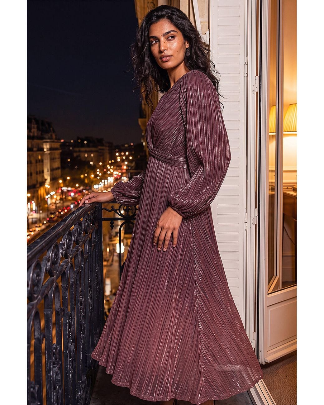 Roman Brown Ombre Plisse Twist Front Midi Dress